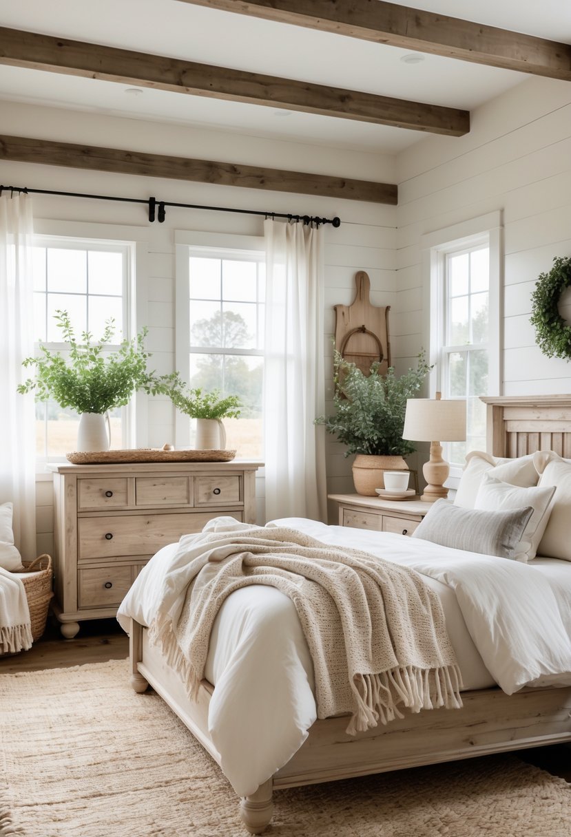 A cozy bedroom with a wooden bed, soft bedding, natural light, plants, and rustic furniture.