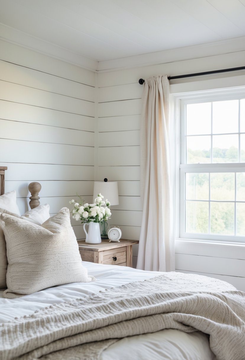 A bright bedroom with white wooden walls, a bed with pillows, a bedside table, and natural light coming through a window.
