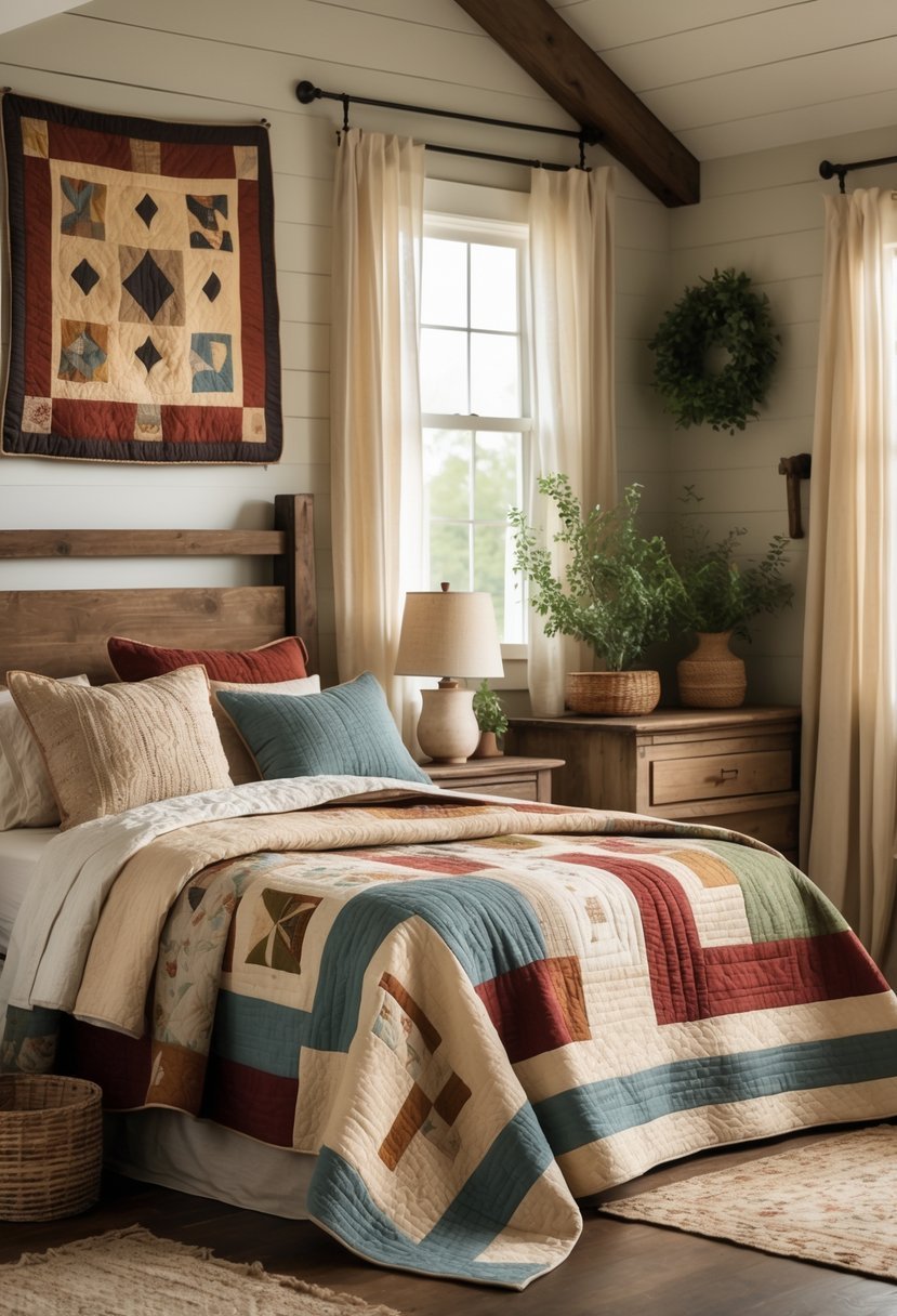 A bedroom with a bed covered in colorful vintage quilts, a wooden headboard, soft natural light, and farmhouse decor.
