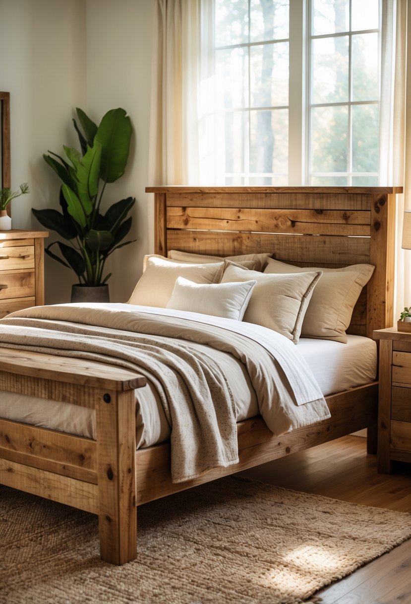 A bedroom with a wooden bed frame, bedside table, and dresser, softly lit by natural light.