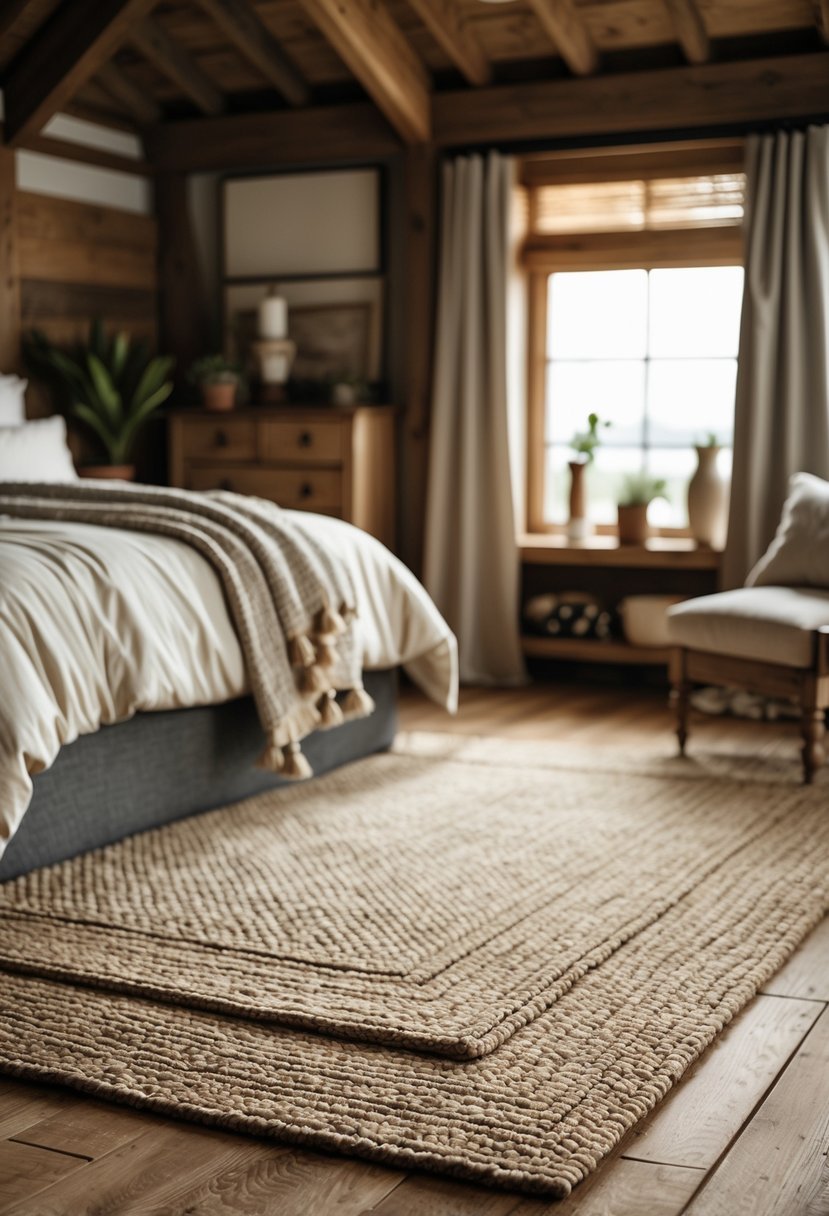 A cozy bedroom with layered rugs of different textures on a wooden floor and a bed with neutral bedding.