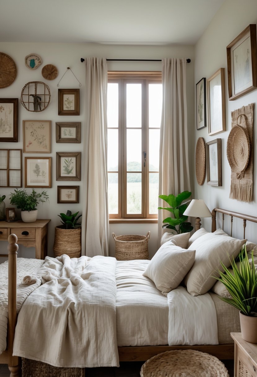 A cozy bedroom with a bed, wooden furniture, and various framed artwork displayed on the walls.