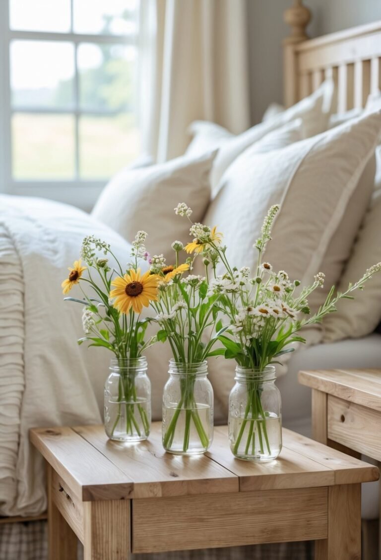 Bedside tables with mason jars filled with fresh wildflowers in a bedroom.