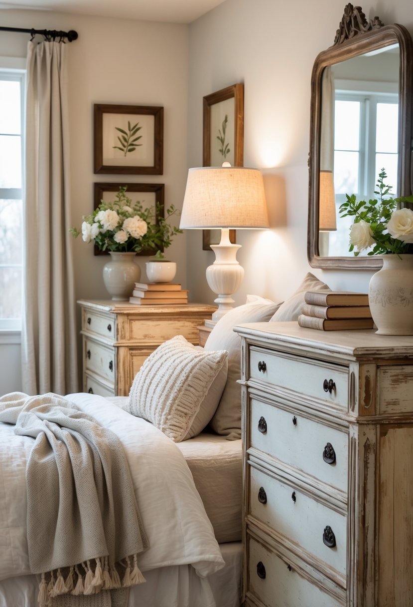 A bedroom with antique wooden dressers featuring worn finishes, a neatly made bed, and soft natural lighting.