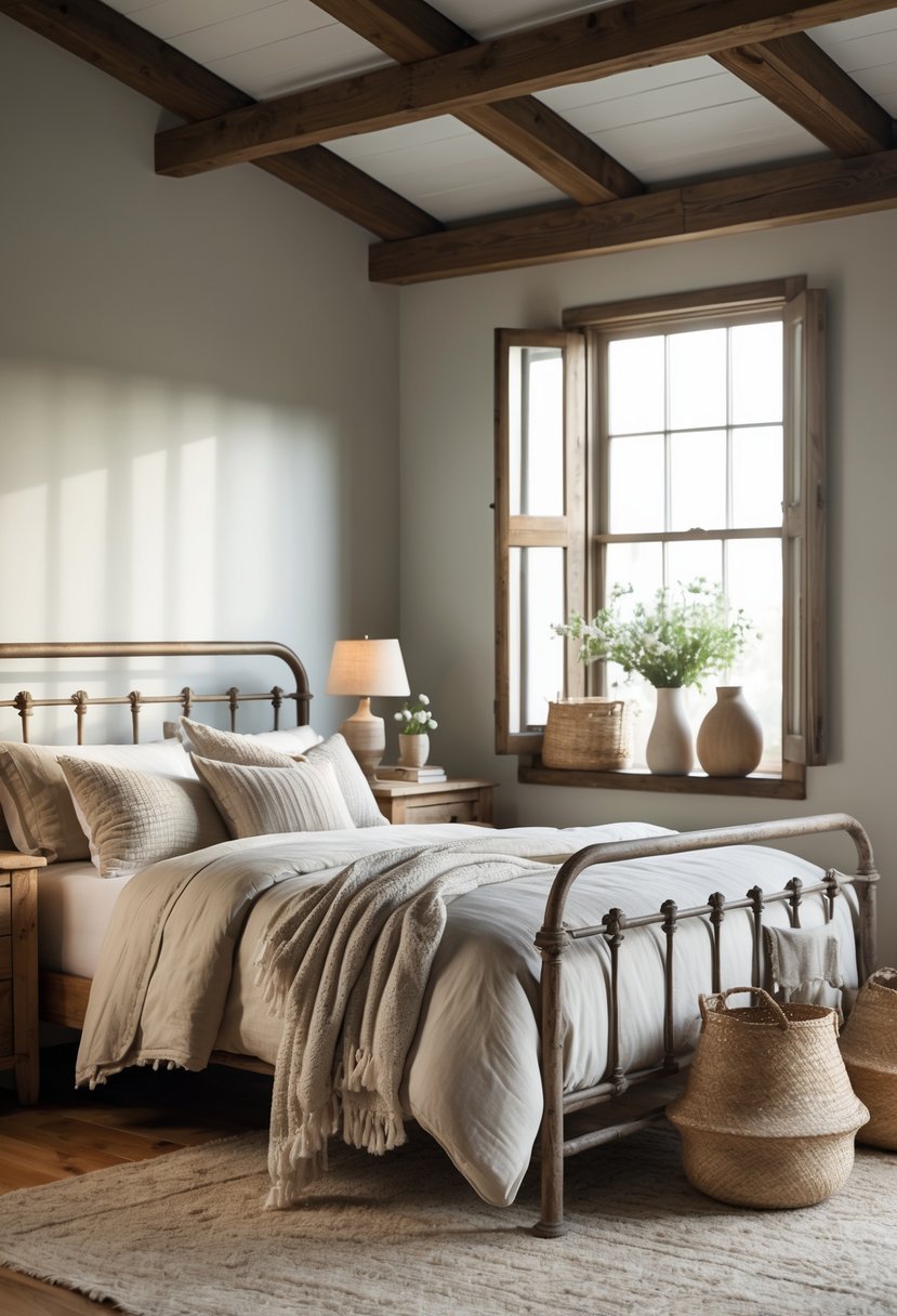 A bedroom with a metal bed frame, wooden nightstands, soft bedding, and natural light coming through a window.