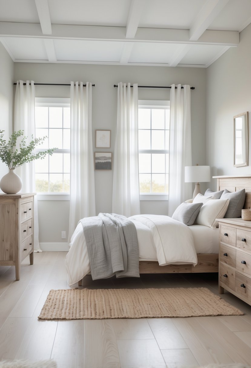 A bright bedroom with a bed, wooden furniture, soft lighting, and neutral-colored decor.