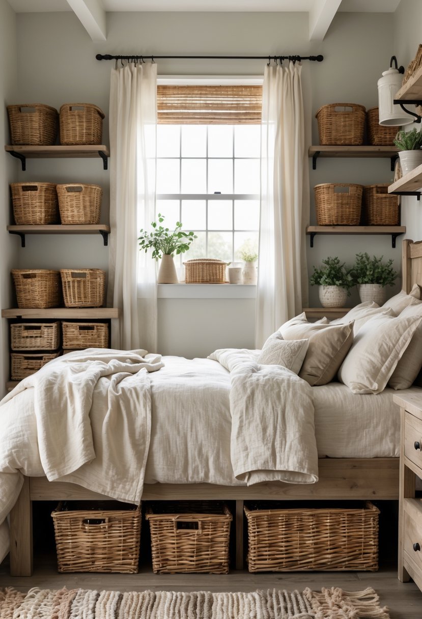 A bedroom with a bed, wooden furniture, and wicker baskets used for storage in a bright, inviting setting.