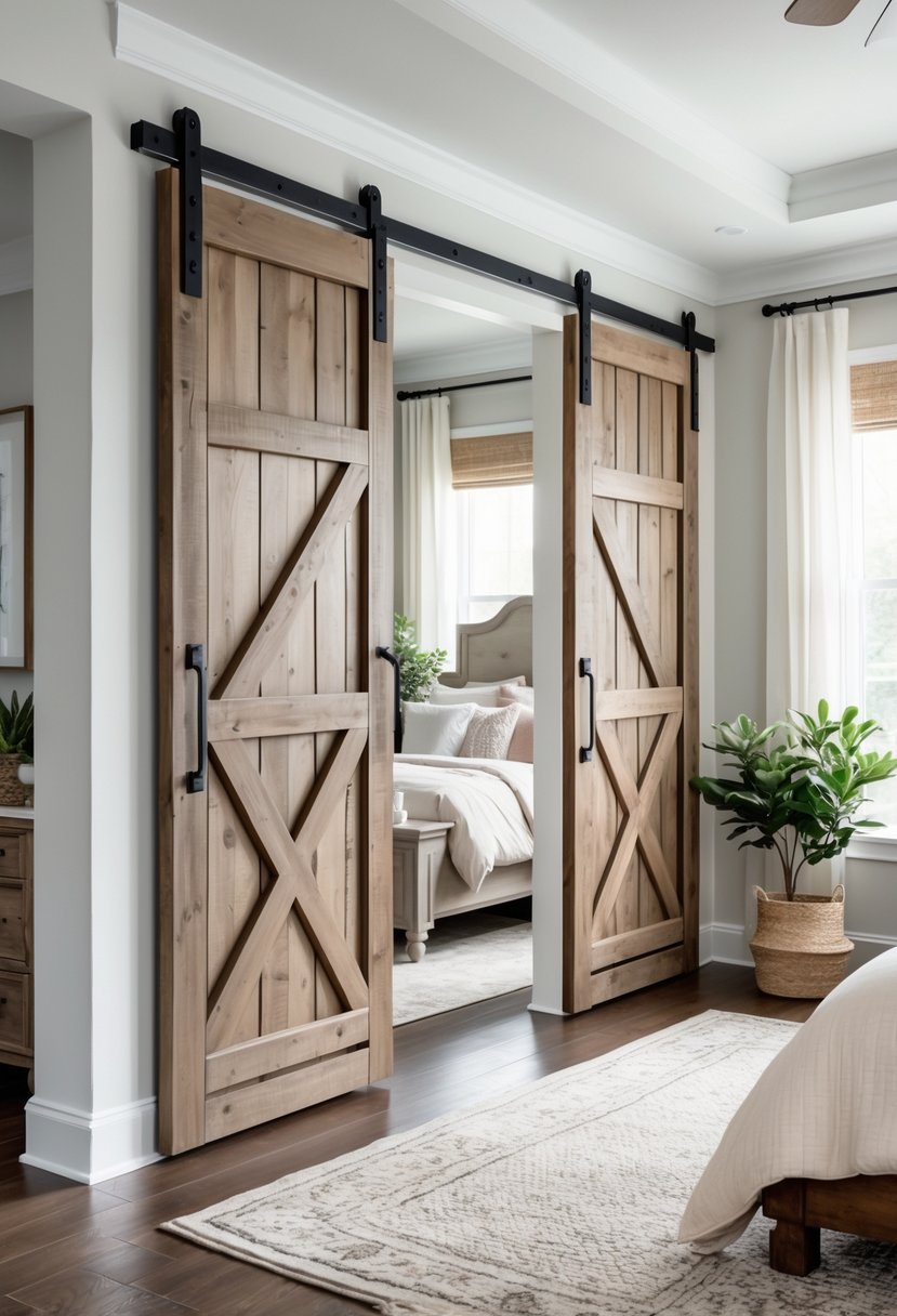 A bedroom with wooden sliding doors leading to a closet, a bed, and natural light coming through windows.