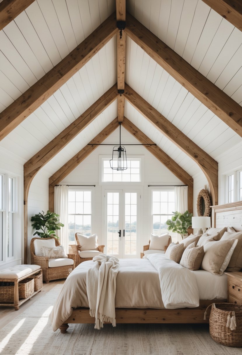 A bright bedroom with exposed wooden ceiling beams, a large bed, and natural light coming through windows.