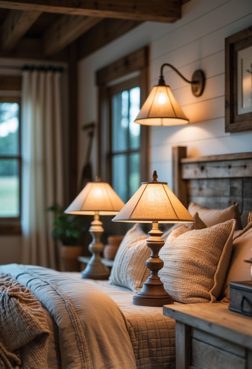 A bedroom with a neatly made bed and two bedside lamps casting warm light on wooden nightstands.