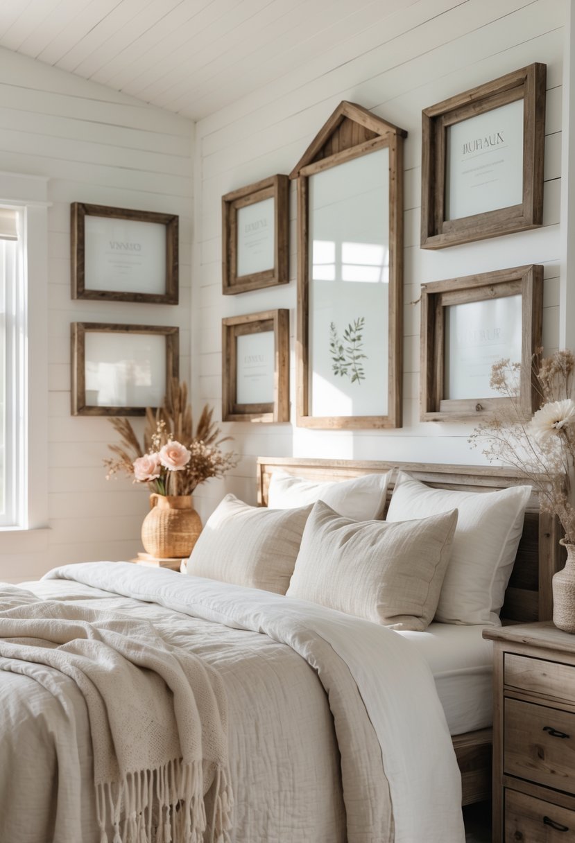A cozy bedroom with a bed, rustic wooden furniture, and weathered wood picture frames hanging on the walls.