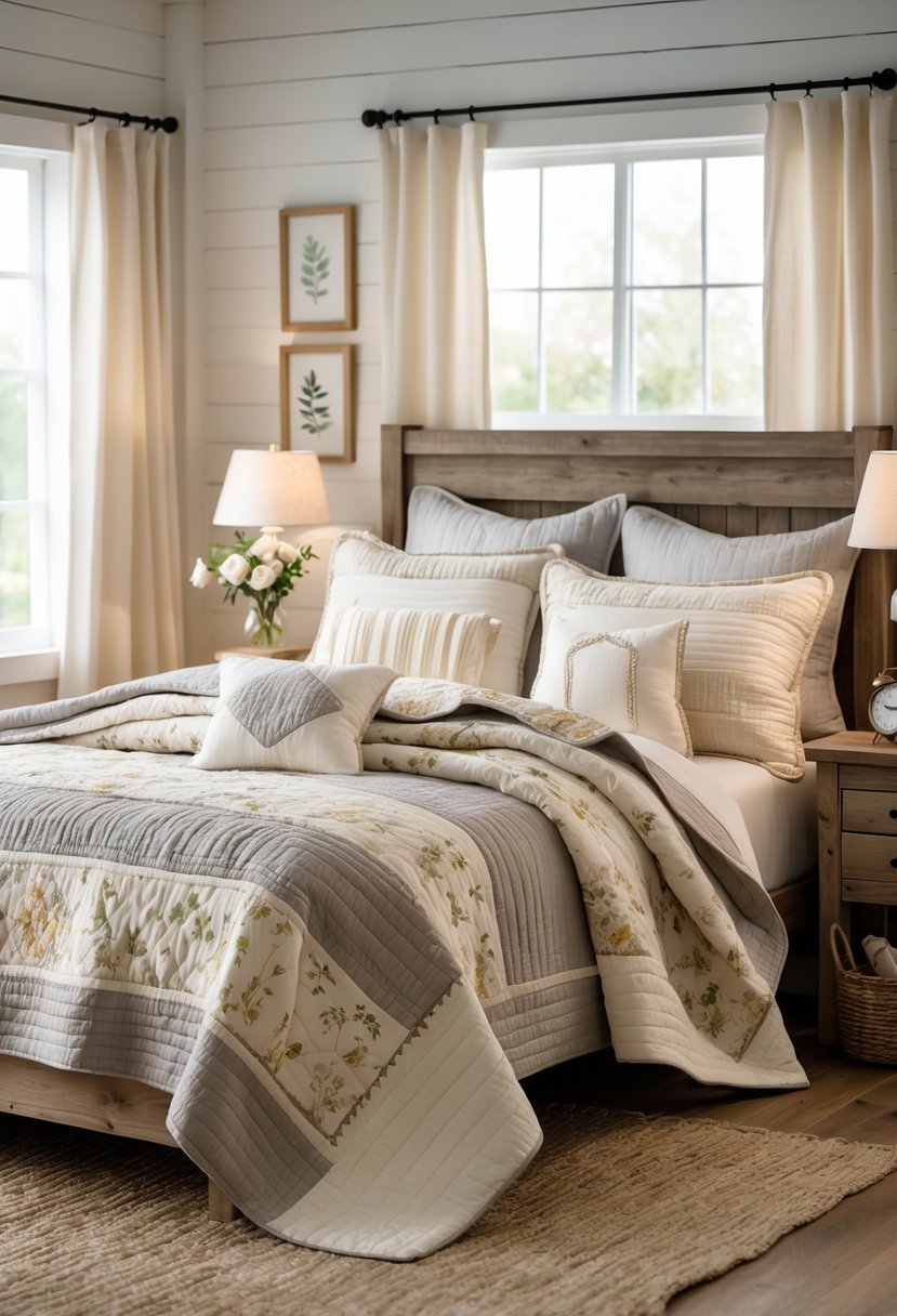 A neatly made bed with patterned quilts and pillows in a bright bedroom with wooden furniture and natural light.