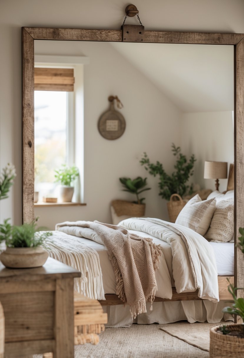 Bedroom interior with a large rustic wooden mirror on the wall above a bed and wooden furniture.