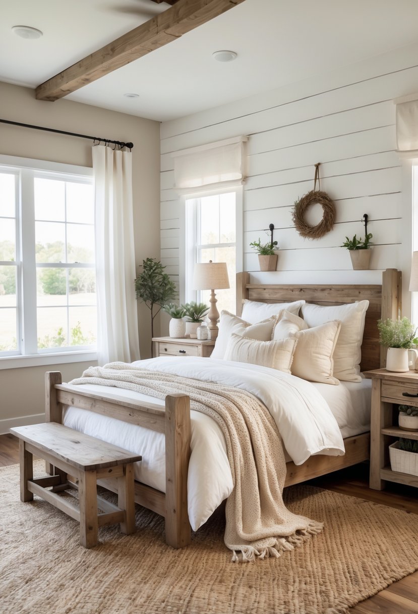 A cozy bedroom with a wooden bed, soft linens, rustic nightstands, plants, and natural light coming through large windows.