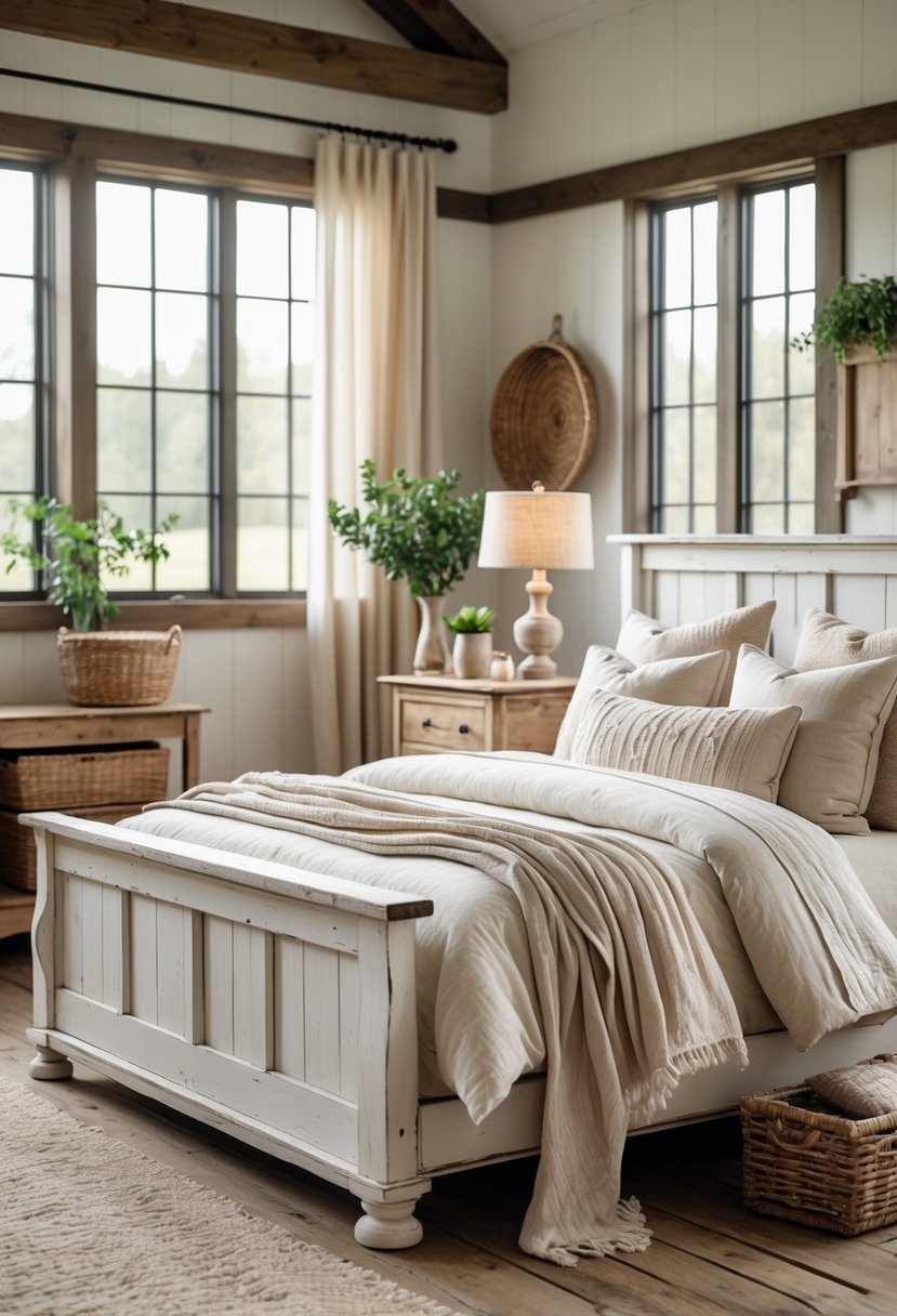 A bright bedroom with a wooden bed, soft bedding, wooden furniture, and natural light coming through windows.