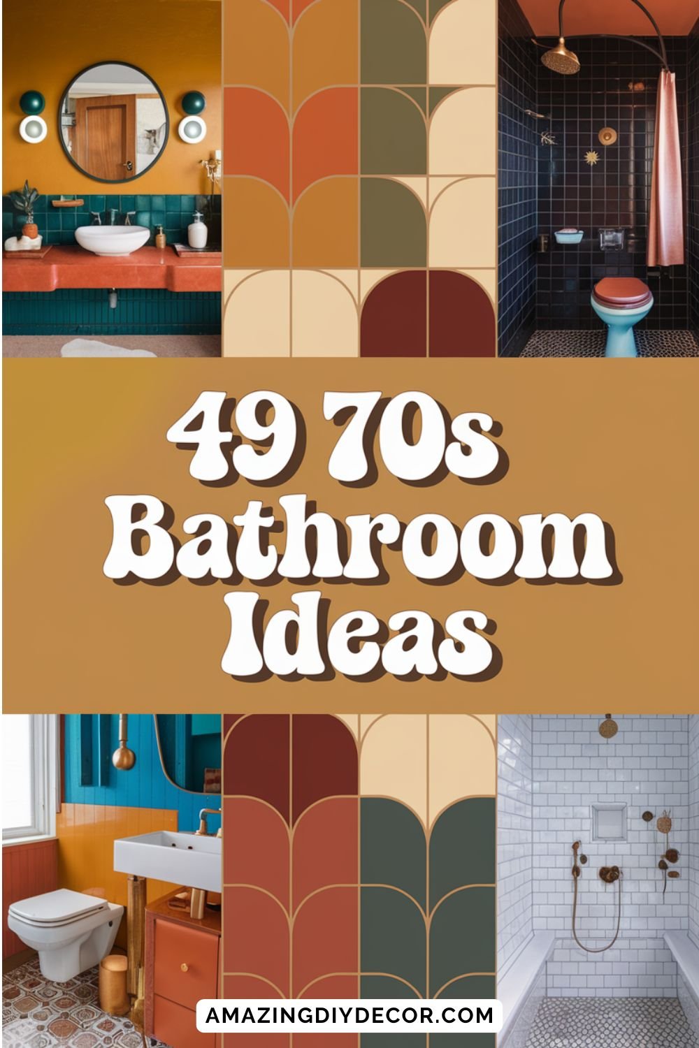 A collage of 1970s-inspired bathroom designs featuring bold colors, retro tiles, and vintage decor elements.