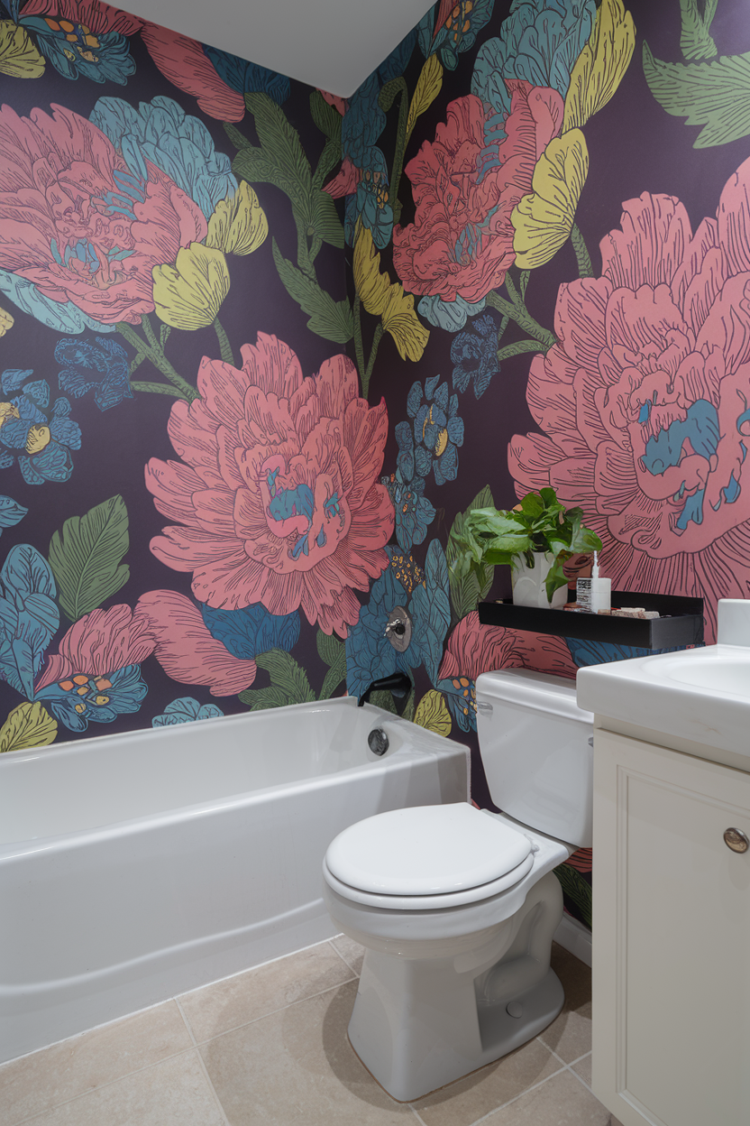 A stylish bathroom featuring vibrant floral wallpaper with large pink, blue, and yellow flowers against a dark background. The space includes a white bathtub, toilet, and vanity, with a black shelf holding a potted plant and toiletries.