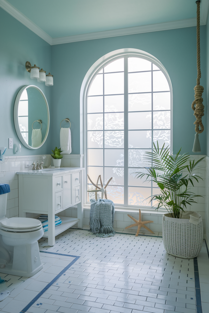 A beautifully designed coastal-style bathroom featuring soft blue walls, white cabinetry, and an arched window with frosted ocean patterns. The space is decorated with starfish, a potted plant, and nautical-inspired elements, creating a serene and airy ambiance.