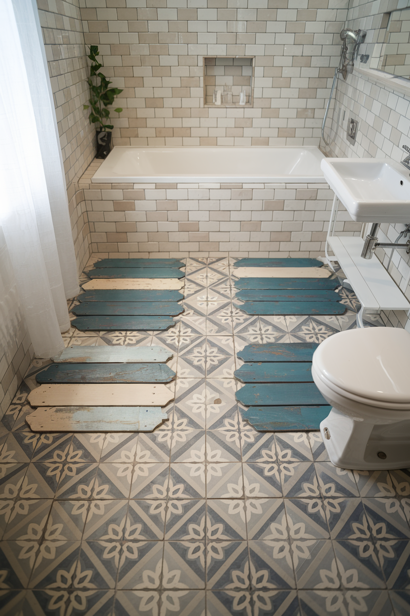 A charming bathroom featuring patterned blue and white tiles, a white bathtub with beige subway tile walls, and unique wooden plank mats in distressed blue and cream tones for a rustic coastal vibe. A small floating sink and a wall-mounted shower complete the space.