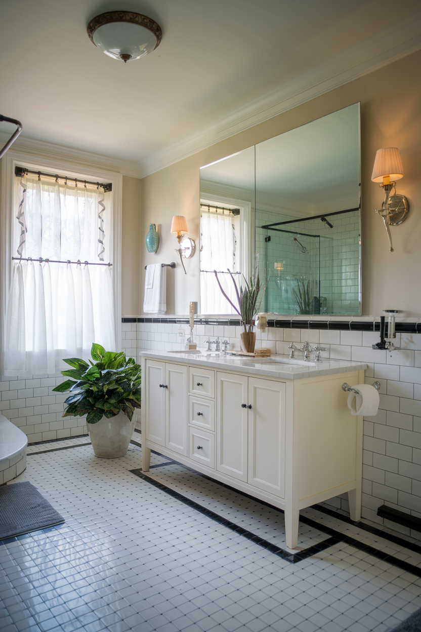 A bright and stylish bathroom featuring a white double vanity with a marble countertop, large mirrored cabinet, and classic subway tile walls. The space is enhanced by vintage wall sconces, sheer window curtains, a large potted plant, and a glass-enclosed shower.