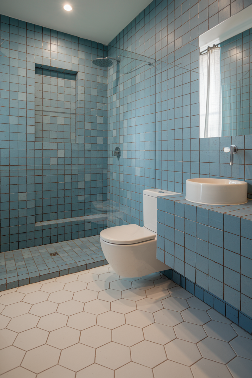 A modern bathroom with blue square tiles covering the walls and shower area, contrasted by white hexagonal floor tiles. Features a floating toilet and a round vessel sink on a tiled countertop.