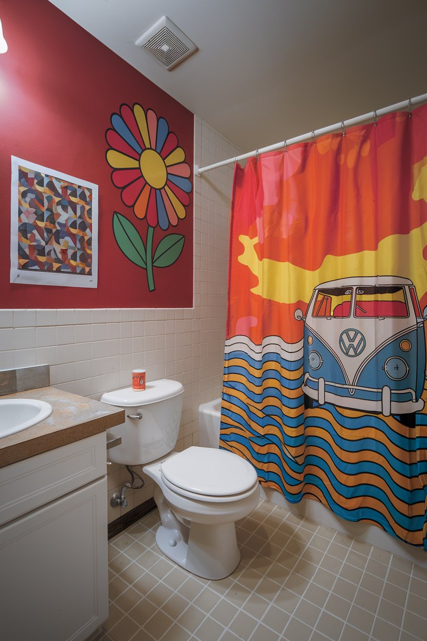  A vibrant bathroom with a red accent wall, a large colorful flower mural, and a retro-themed shower curtain featuring a Volkswagen van. White tiles and cabinetry contrast with the playful decor.