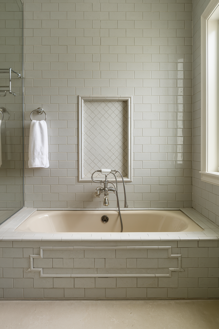 A classic built-in bathtub surrounded by elegant beige subway tiles, featuring a decorative tile niche and vintage-style chrome faucet. A white towel hangs on a nearby towel ring, and natural light streams in from a window.