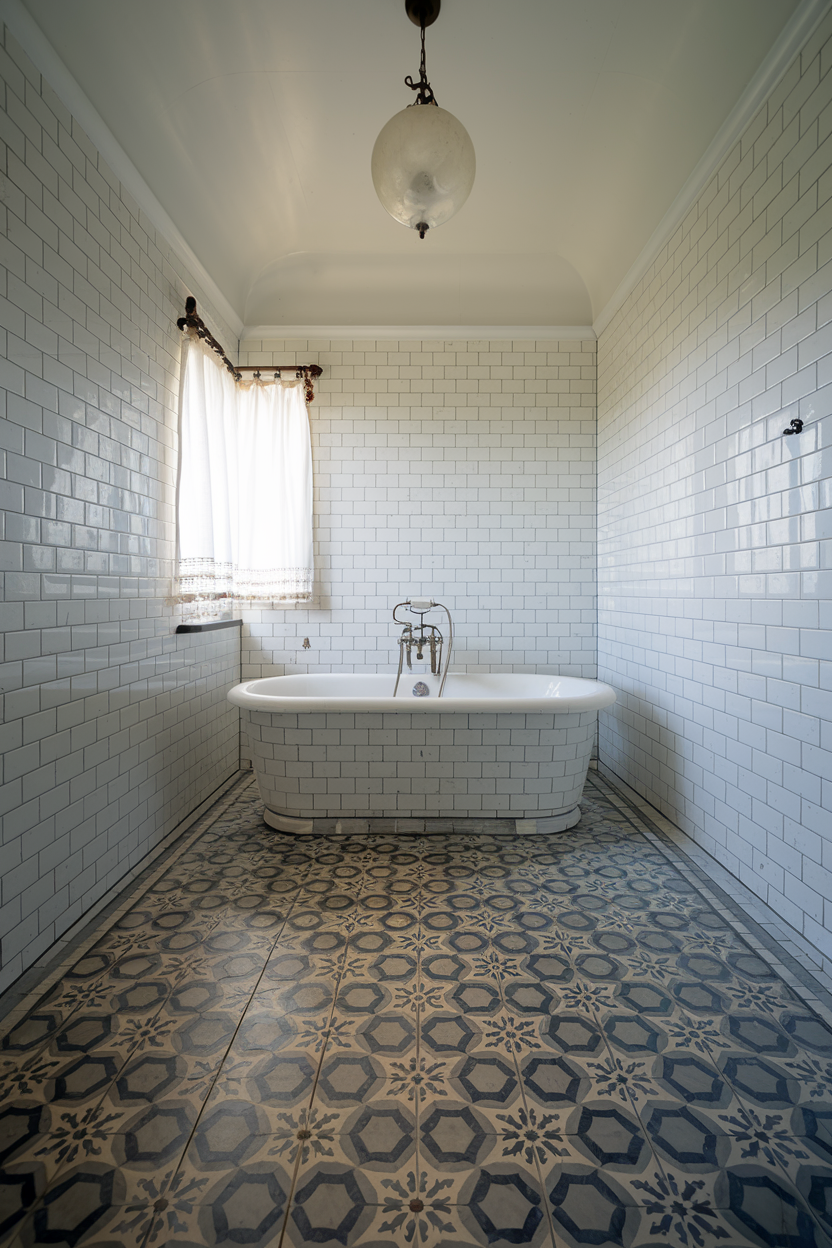 A vintage-inspired bathroom with a white clawfoot bathtub, white subway tile walls, a patterned tile floor, and a sheer-curtained window allowing natural light.