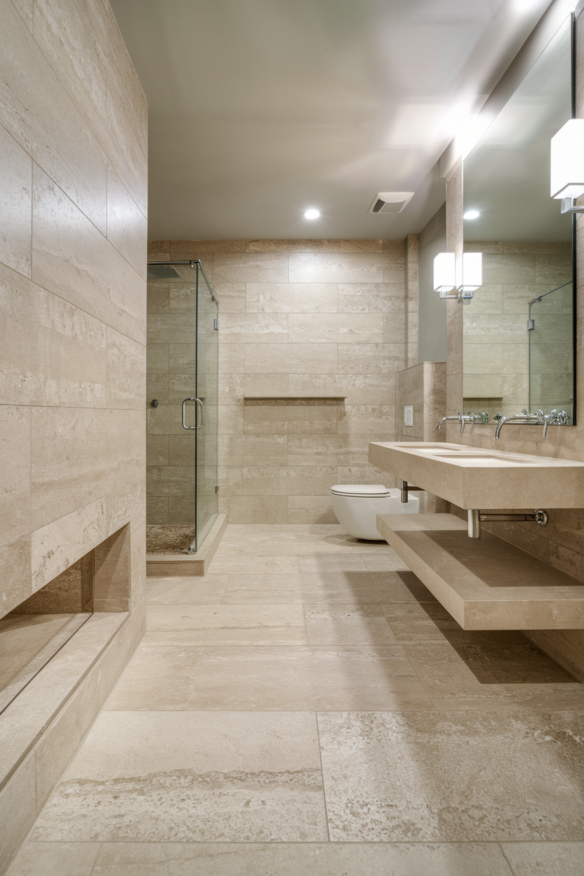 A modern bathroom with large-format beige stone tiles covering the walls and floor, a floating double vanity, a glass-enclosed shower, and a wall-mounted toilet.