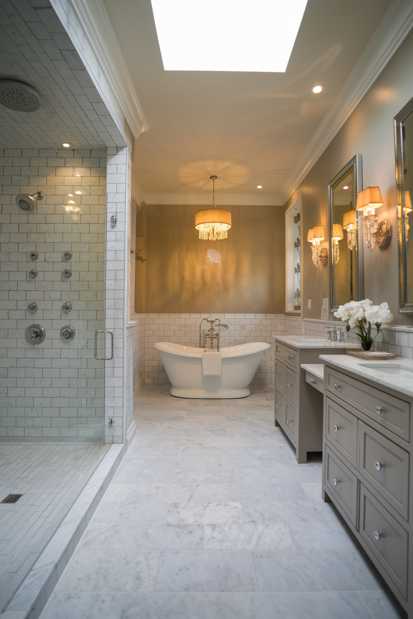 A sophisticated bathroom featuring a freestanding bathtub, a spacious glass-enclosed shower with multiple showerheads, and marble flooring. Warm lighting from chandeliers and sconces enhances the neutral-toned cabinetry and mirrors, creating a luxurious and relaxing ambiance.