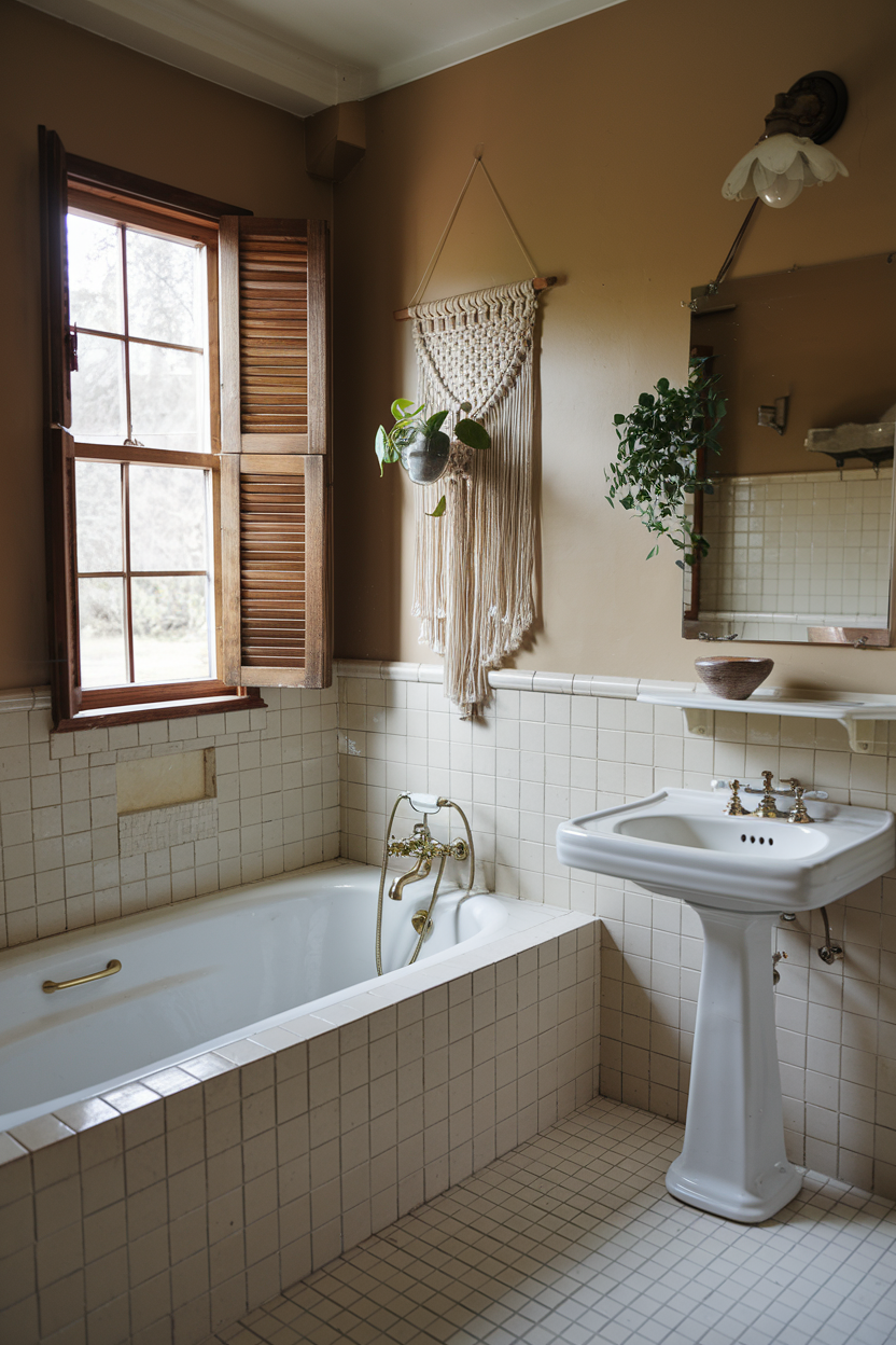 A vintage-inspired bathroom with beige walls, a pedestal sink, a tiled bathtub, and macramé wall decor, featuring wooden shutters and greenery.