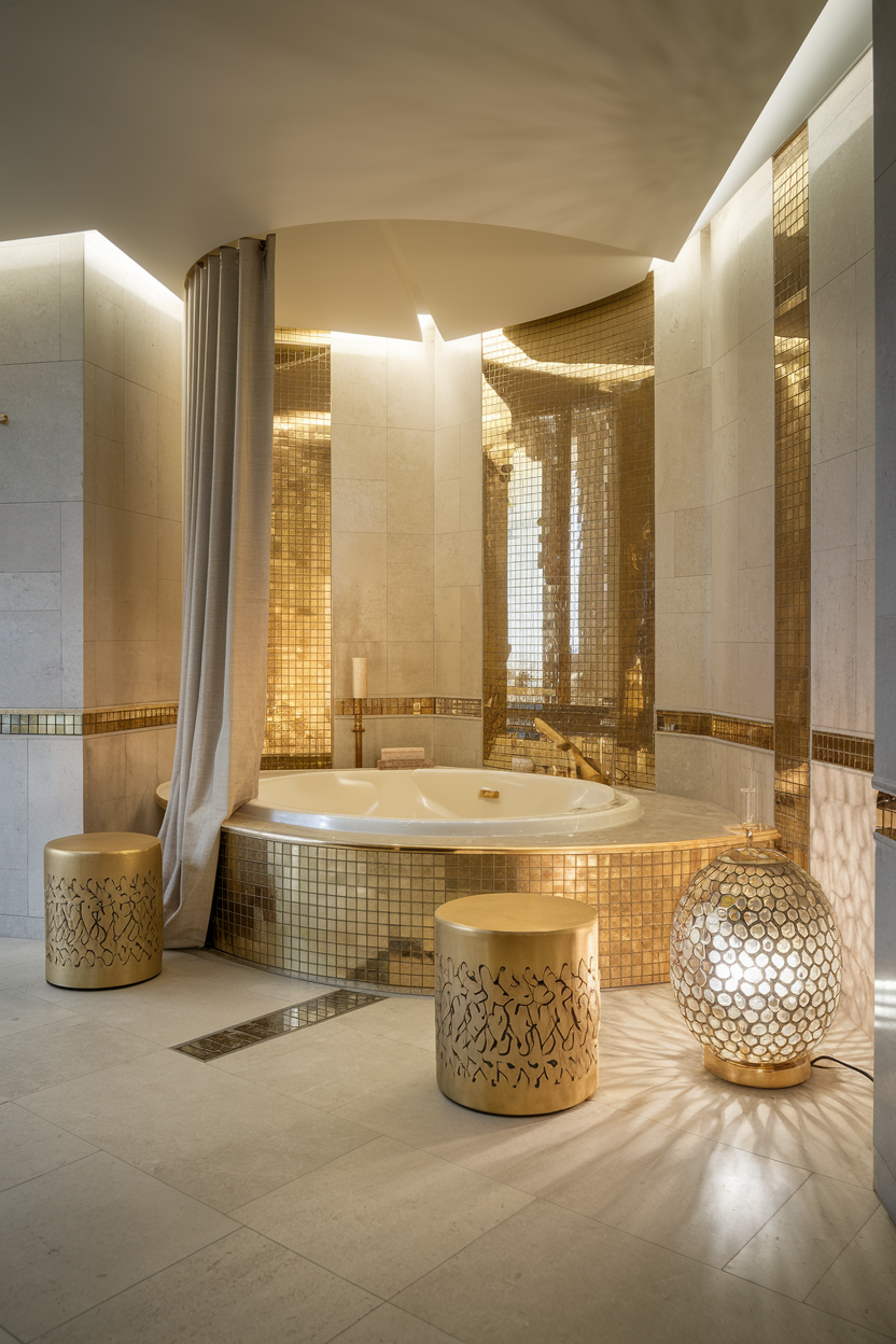 A stunning spa-inspired bathroom featuring a sunken bathtub surrounded by shimmering gold tiles. Elegant metallic stools, a decorative lantern, and soft ambient lighting create a warm and opulent atmosphere.
