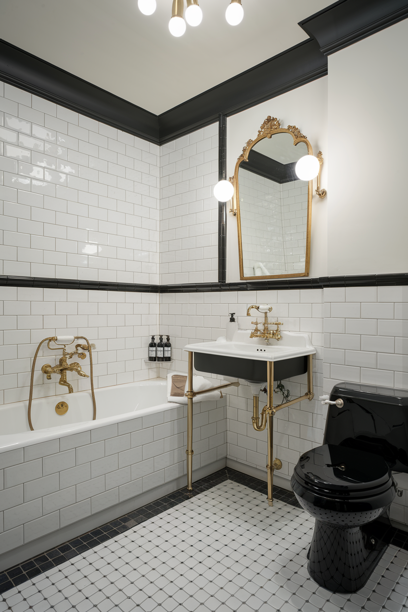  A sophisticated bathroom featuring white subway tiles with black trim, a black and white pedestal sink with gold fixtures, a black toilet, and a vintage-style gold mirror with globe sconces. The bathtub has gold fittings, and the floor is adorned with black and white mosaic tiles.