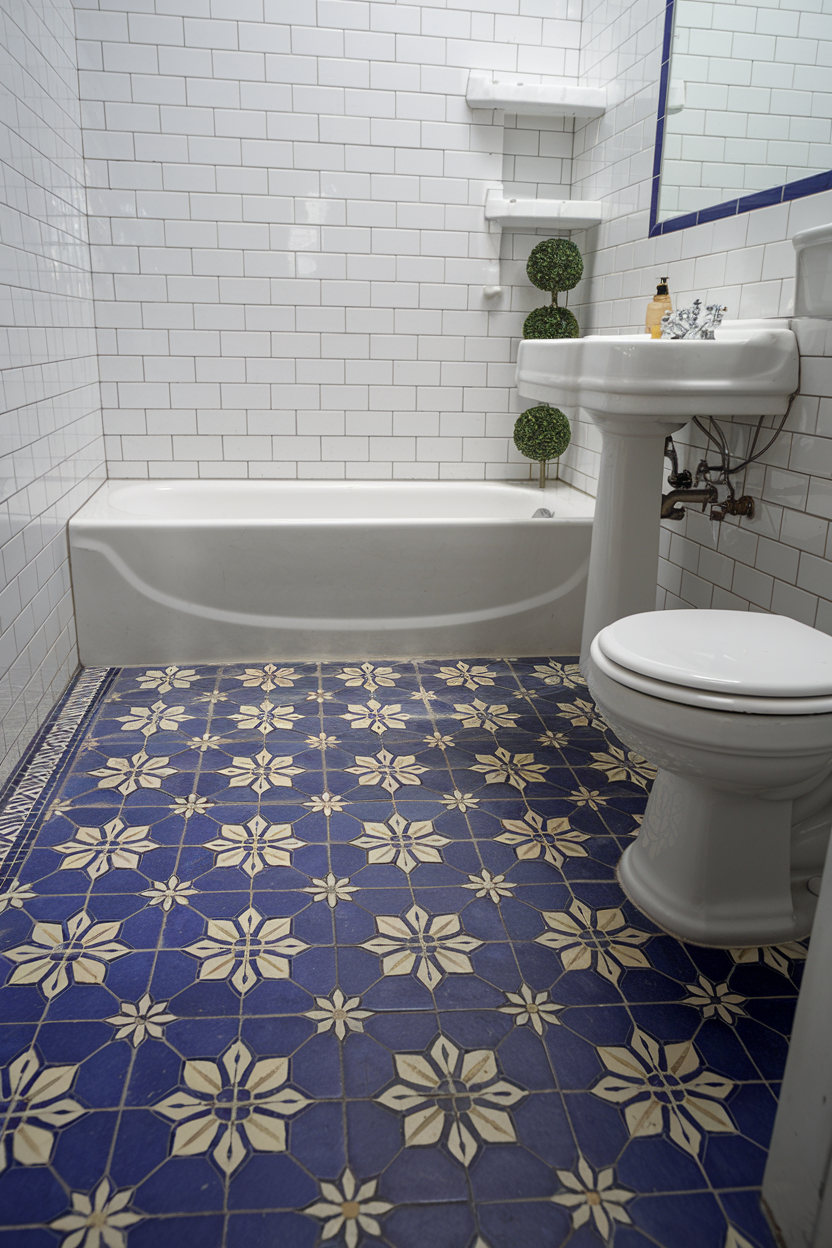 A stylish bathroom featuring bold Moroccan-style blue and white patterned floor tiles, paired with classic white subway tile walls and a pedestal sink.