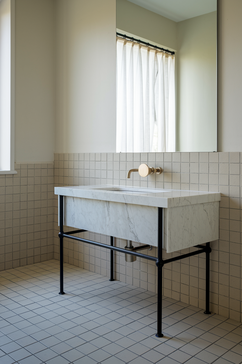 A minimalist bathroom with a marble sink vanity on a black metal frame, beige square tiles, a wall-mounted brass faucet, and a large frameless mirror.