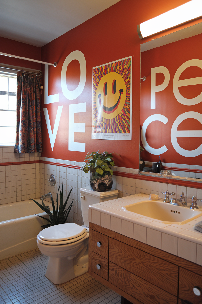 A vibrant retro bathroom with bold red walls, white tiled surfaces, and a "LOVE PEACE" mural, featuring a smiley face pop art poster and wooden vanity.