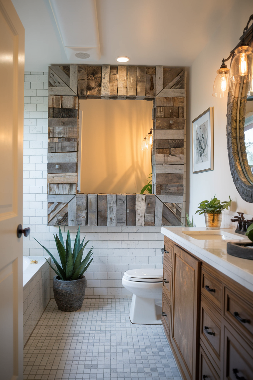 A rustic-style bathroom featuring a large reclaimed wood-framed mirror, subway tile walls, wooden cabinetry, and warm lighting with decorative fixtures.