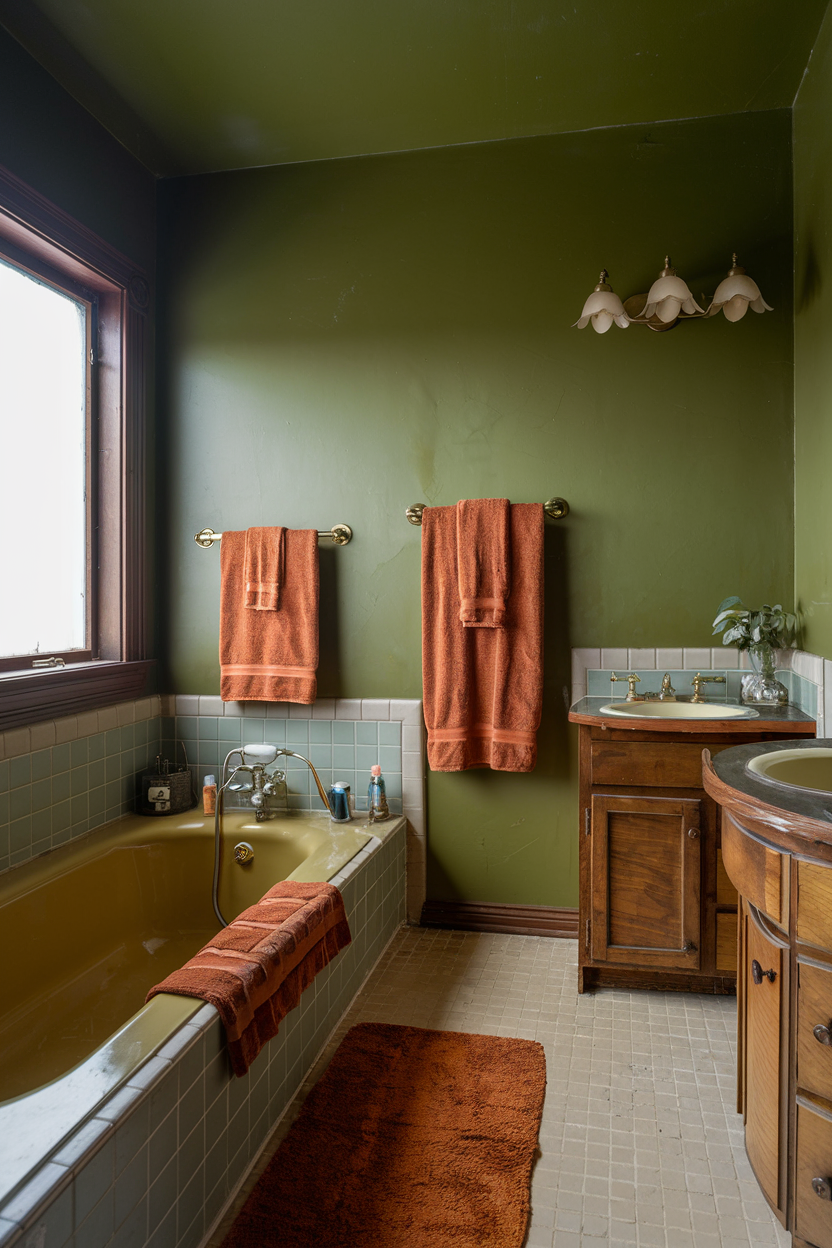 A retro-style bathroom featuring olive green walls, mustard yellow bathtub, and burnt orange towels, creating a warm and vintage-inspired ambiance.