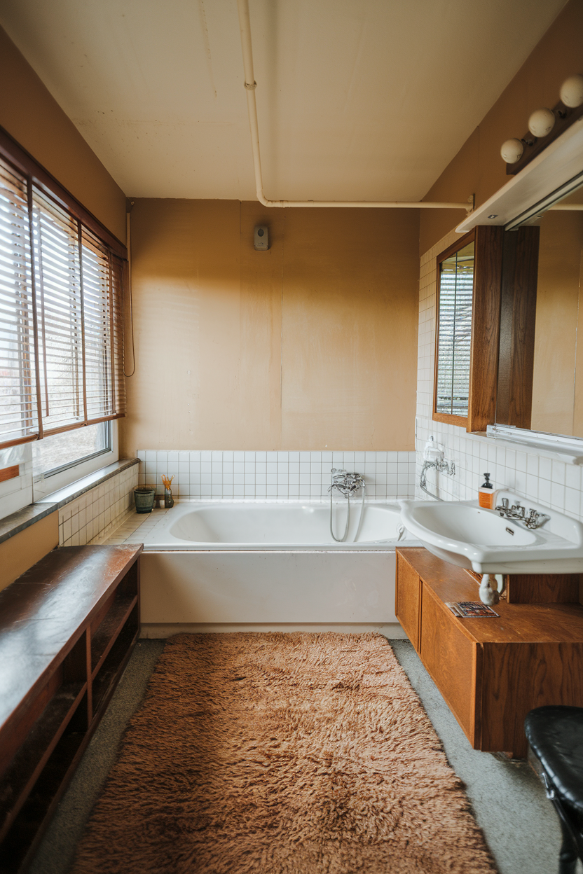 A vintage bathroom with warm beige walls, a white bathtub, wooden cabinetry, and a plush shaggy rug, evoking a cozy retro aesthetic.