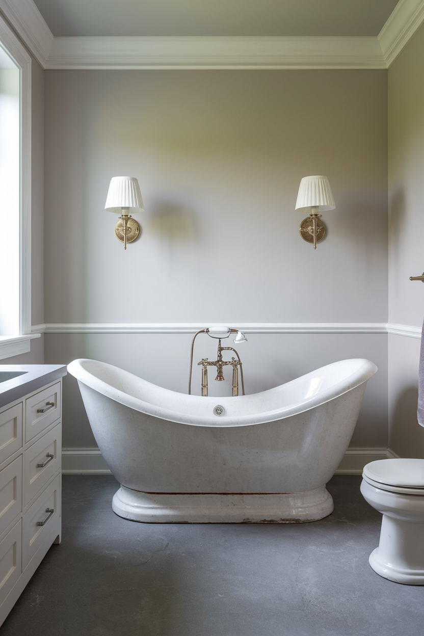 A luxurious vintage-style freestanding bathtub with an elegant curved design, brass fixtures, and soft wall sconces. The neutral-toned bathroom features a classic aesthetic with wainscoting and a dark stone floor.
