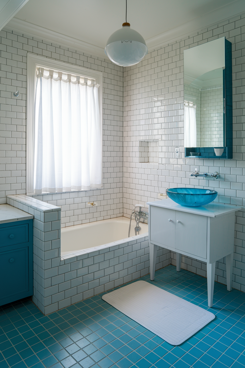 A bright bathroom with white subway tiles on the walls, blue square tiles on the floor, and a blue glass vessel sink on a white vanity. A built-in bathtub with subway tile surround and a large mirror add to the modern aesthetic.