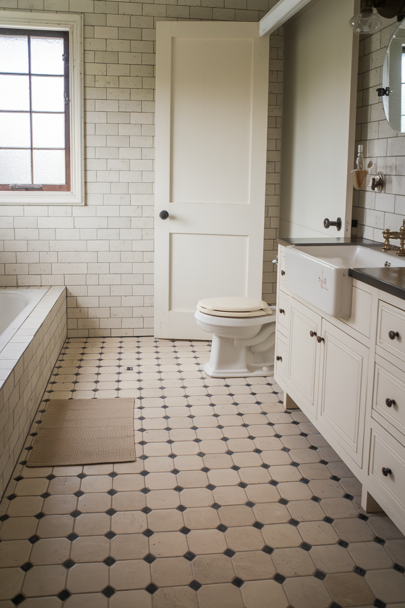 A vintage-inspired bathroom with white subway tiles, dark grout, a classic farmhouse sink, antique brass fixtures, and a checkered tile floor.