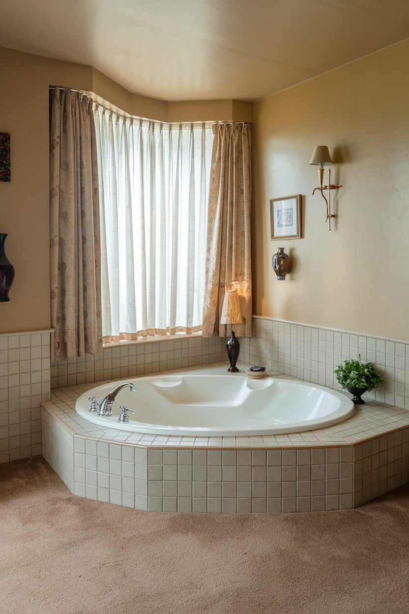 A cozy bathroom featuring a sunken white bathtub, beige tiled surround, soft carpeting, and elegant vintage décor with warm lighting and classic accents.