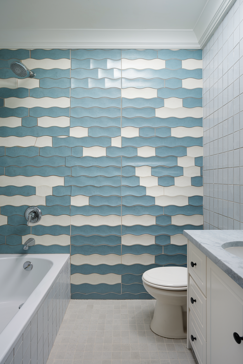 A modern bathroom with a bathtub, a white vanity with a marble countertop, and a unique feature wall covered in blue and white wavy textured tiles. The design creates a flowing, wave-like effect, enhancing the space with a fresh and dynamic look.
