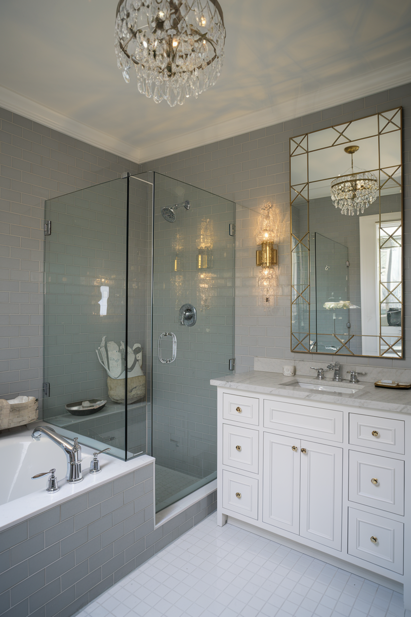 A luxurious bathroom with a glass-enclosed shower, elegant white vanity with gold hardware, and a built-in bathtub. A crystal chandelier and wall sconces add a glamorous touch, reflecting light off the mirrored decor.