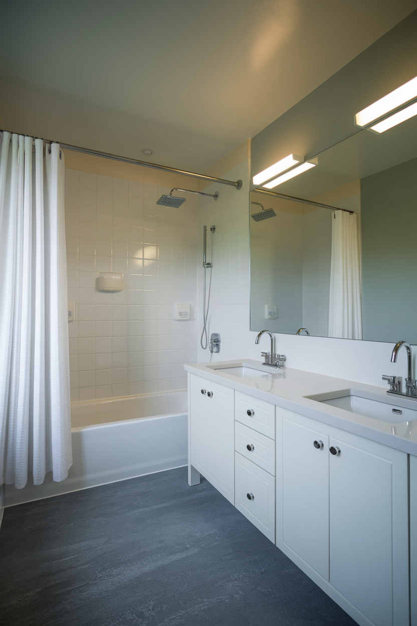 A modern bathroom featuring a white double vanity with sleek faucets, a large mirror, and a bathtub with dual rainfall showerheads. A white shower curtain adds privacy, while soft lighting enhances the contemporary design.
