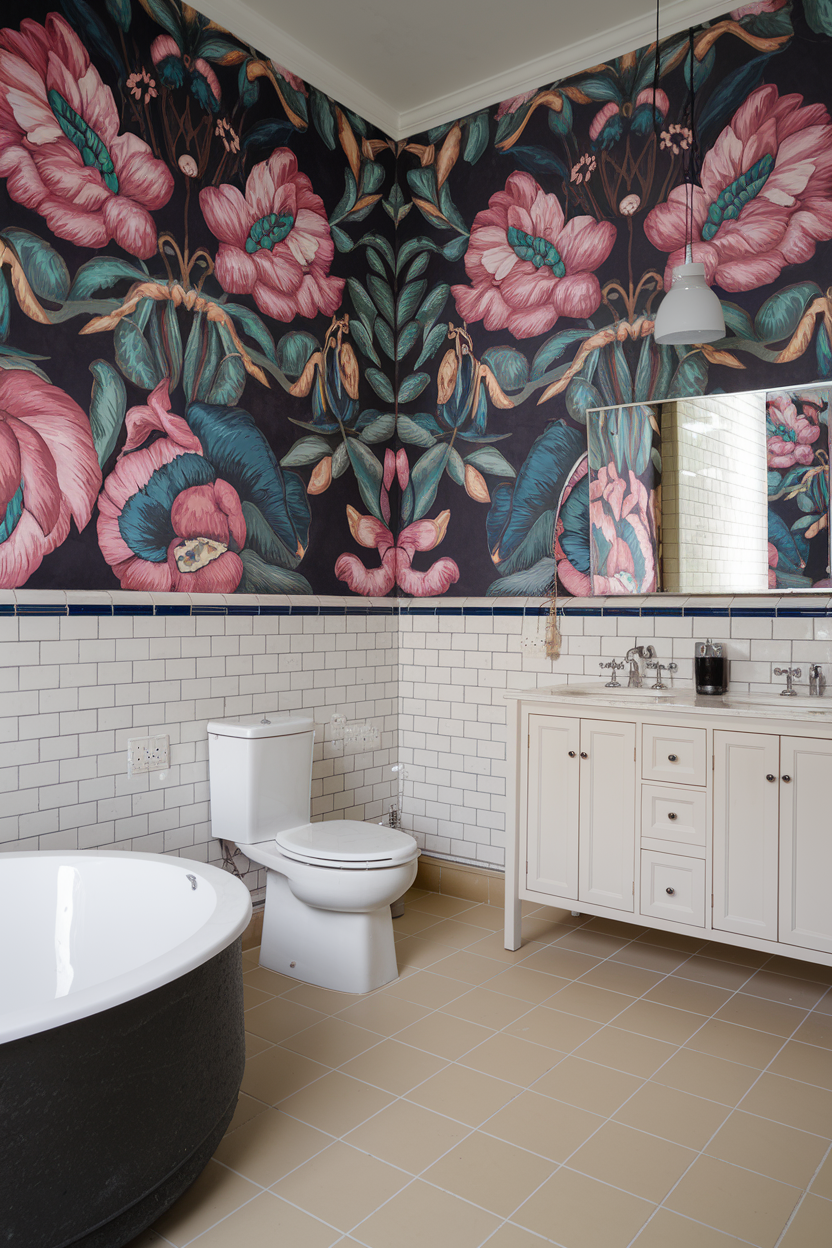 A stylish bathroom featuring a bold floral wallpaper with large pink and teal flowers against a dark background. The lower half of the walls is covered in classic white subway tiles. A modern black bathtub, white toilet, and cream-colored vanity with a marble countertop complete the elegant design.