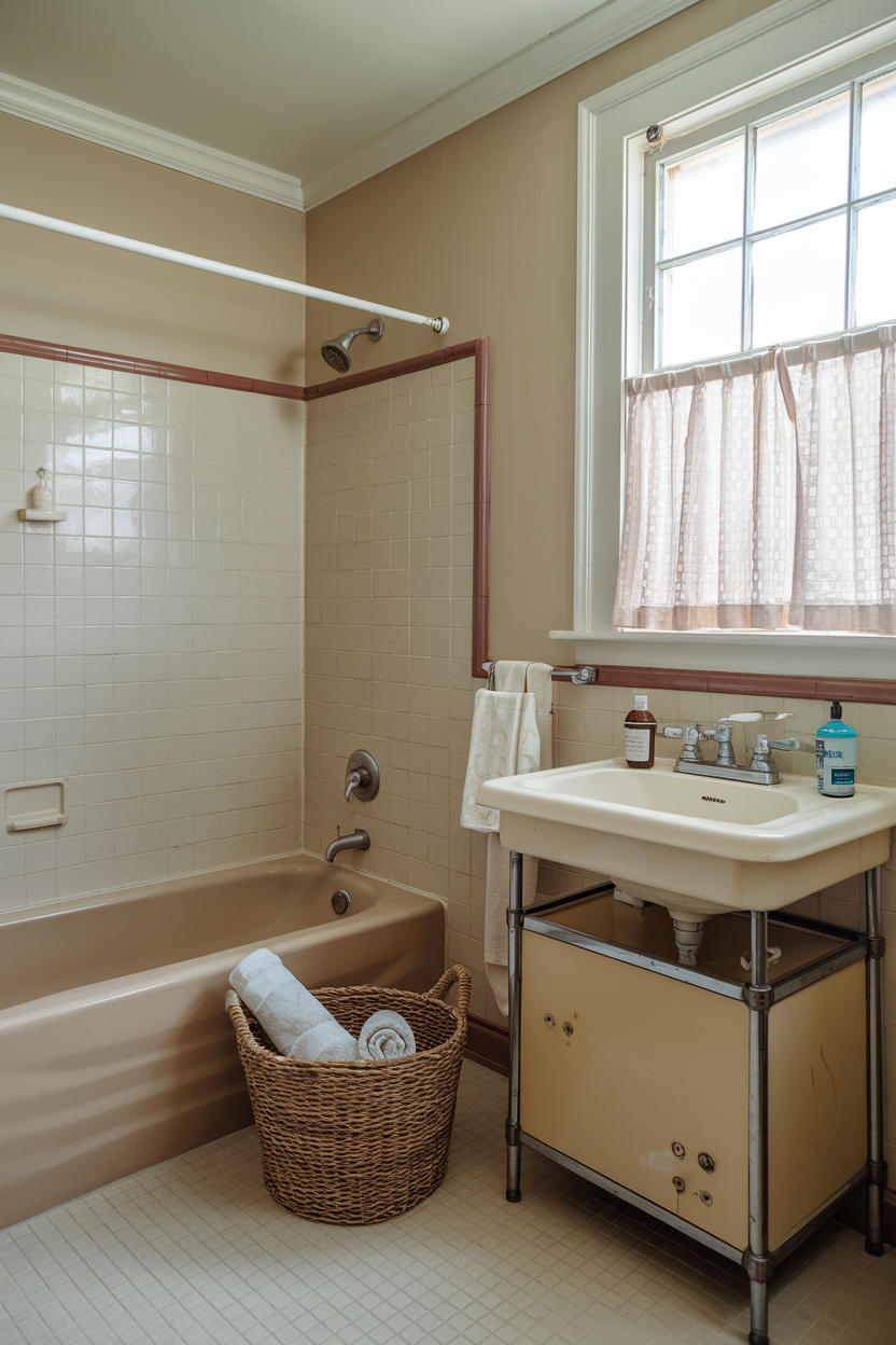 A vintage bathroom with beige tiles, a built-in bathtub, a retro sink with exposed piping, and a wicker basket holding rolled towels.