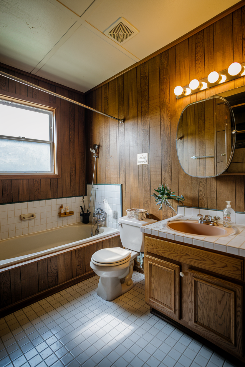 A vintage bathroom with wood-paneled walls, a pink sink, and a tiled bathtub, featuring warm lighting and a classic vanity.