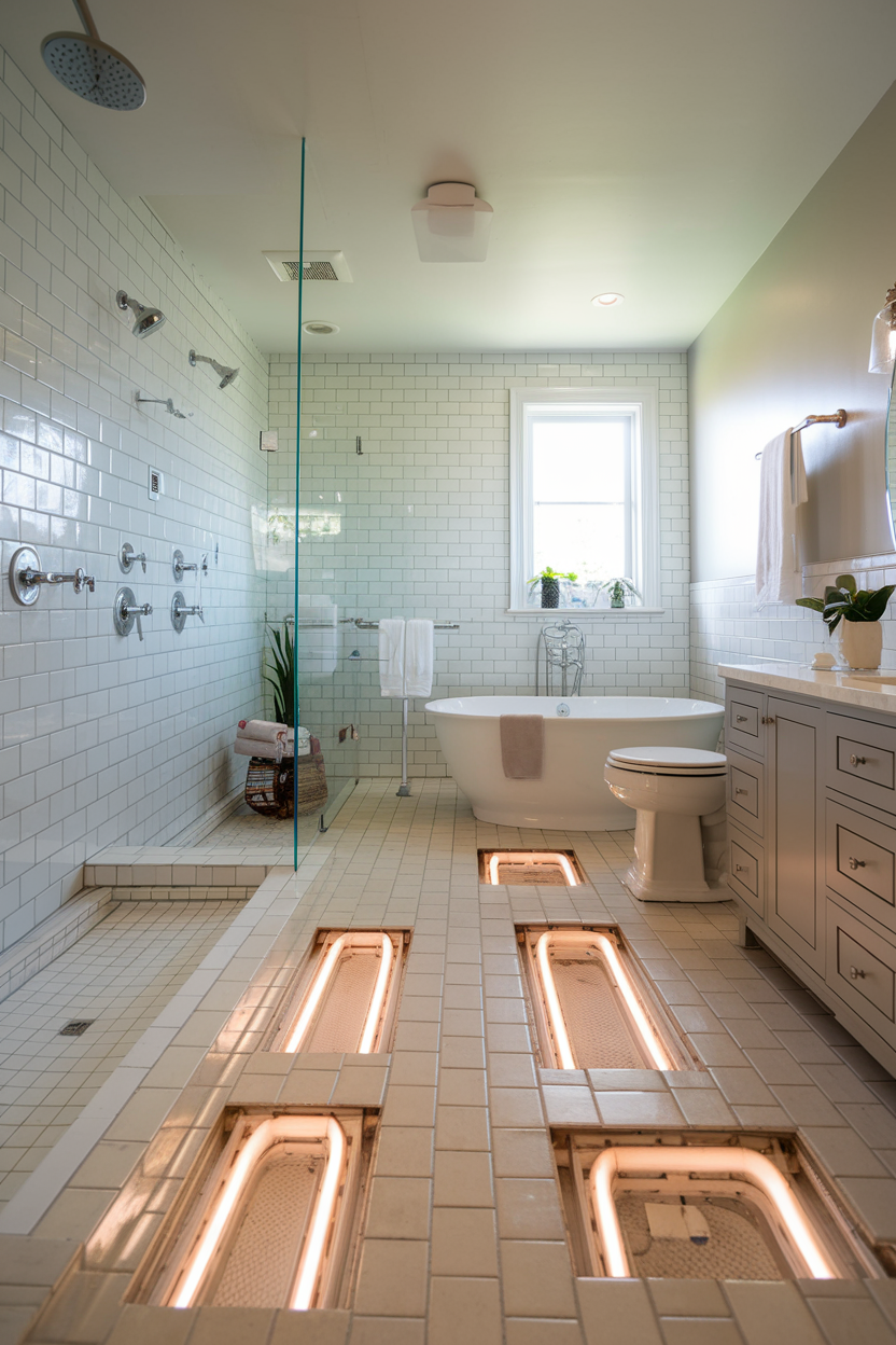 A spacious bathroom with a glass-enclosed shower, freestanding bathtub, and white subway tiles. The floor features exposed illuminated heating panels.